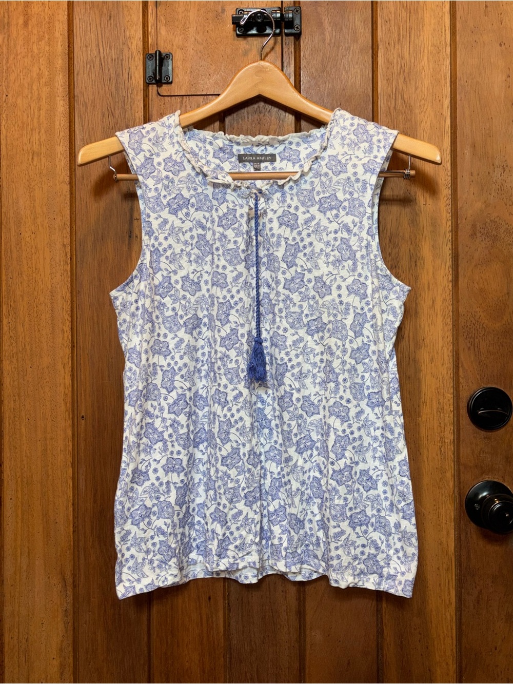Laura Ashley Sleeveless Tassel Top With Blue Floral Print